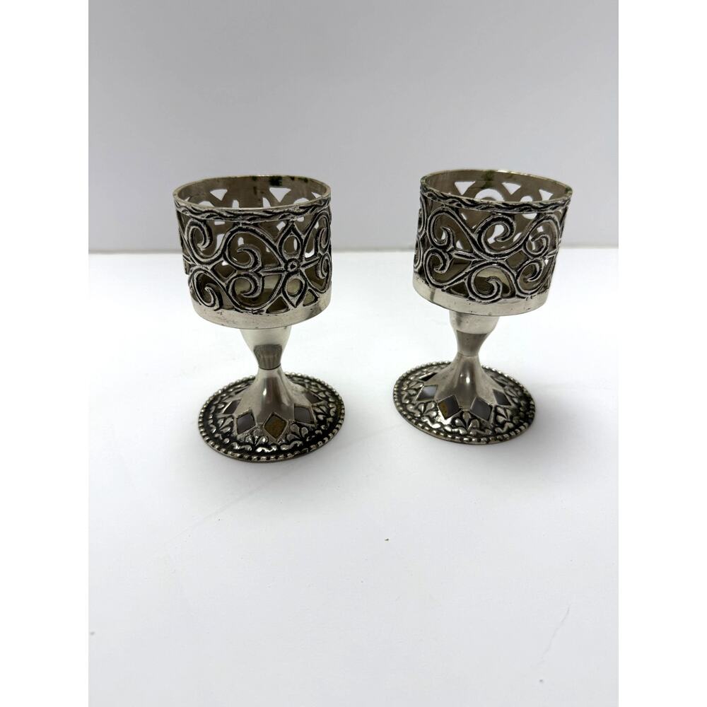 Vintage Silverplate Filigree Candle Holders Set Of 2 Boho Gothic Moroccan Votive
